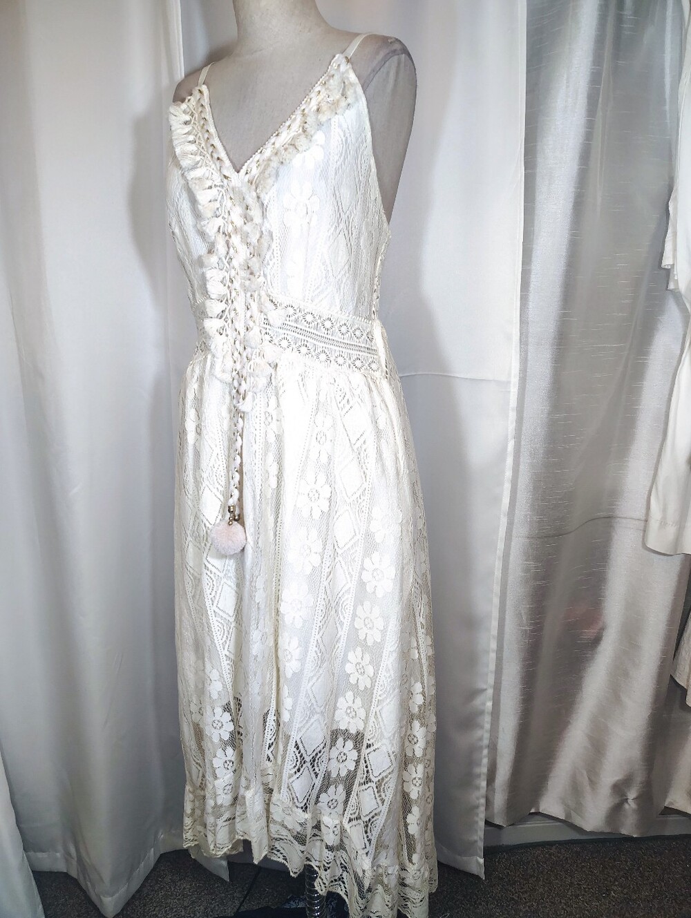 Abercrombie & Fitch Sheath Dress, Ivory/Gold Lace, Sleeveless, High/Low Hem, M